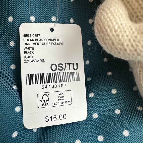 Roots Canada polar bear plush Christmas ornament - Picture 5 of 5